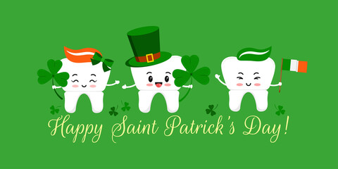 St Patrick day tooth in leprechaun hat with clover and irish flag. Dental crown teeth irish character with lucky shamrock on dentist greeting card. Flat cartoon vector Happy paddy's day illustration.