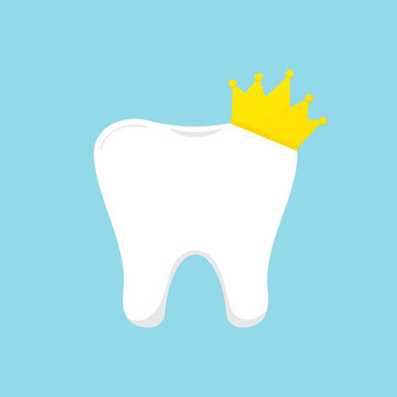 Tooth molar with goldy royal crown icon. Flat design cartoon style vector illustration. White tooth isolated on background. Teeth hygiene, prosthetics and whitening concept award dentistry certificate