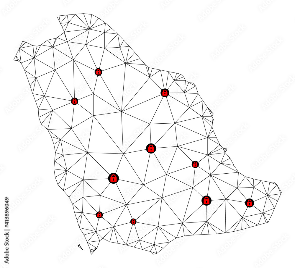 Poster polygonal mesh lockdown map of saudi arabia. abstract mesh lines and locks form map of saudi arabia.