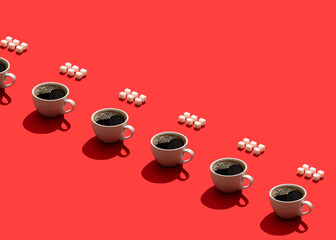White cup with fresh black coffee and sugar cubes with hard light on bright red background. Modern trendy coffee pattern with hard shadows, minimalism concept. Space for text 