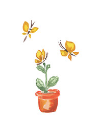 Watercolor flower pot and yellow butterflies