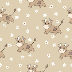 Vector flat animals colorful illustration for kids. Seamless pattern with cute bull and flowers on beige background. Cartoon adorable character. Design for textures, card, poster. Cute cow.