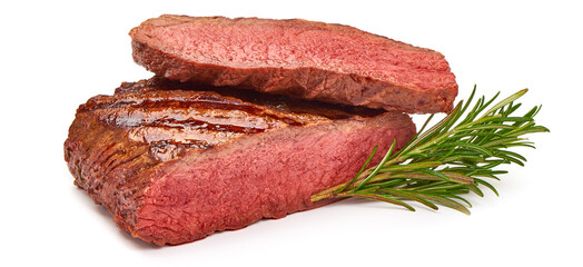 Grilled beef steak, medium rare steak, isolated on white background