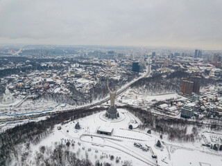 Snowy Kiev. Aerial drone view. Winter cloudy morning.