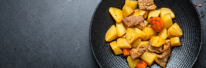 potatoe stewed goulash and meat roast second course vegetables portion on the table healthy meal snack outdoor top view copy space for text food background rustic image