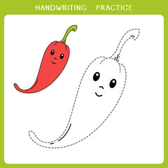 Handwriting practice sheet. Simple educational game for kids. Cute chili pepper for coloring book