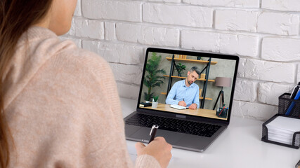Businesswoman and businessman managers at home office work together communication remote online...