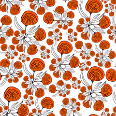 Seamless pattern with hand-drawn flowers of orange color. Borderless background for printing on paper or fabric. - 413899063