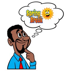 Man thinking about Spring Break - A cartoon illustration of a man thinking about a Spring Break Trip.
