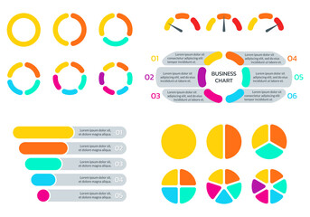 Infographic set with a circle diagram or pie chart, funnel pyramid or marketing cone, speedometer or meter for info graphic. Business process layout with steps or options. Vector illustration.