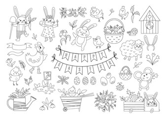 Big black and white collection of design elements for Easter. Vector outline set with cute bunny, eggs, bird, chicks, baskets. Spring funny illustration or coloring page. Adorable holiday icons.