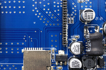 Printed Circuit Board. Close-up. Macro photography. Selective focus.