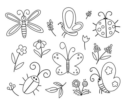 Vector black and white insect and first flower icons pack. Funny spring garden outline collection. Cute ladybug, butterfly, beetle, dandelion illustration for kids. Bugs and plants coloring page.