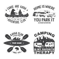 Set of Summer camp, canoe and kayak club badge. Vector. Concept for shirt or logo, print, stamp, patch. Vintage typography design with kayaker, camping tent, forest, mountain silhouette