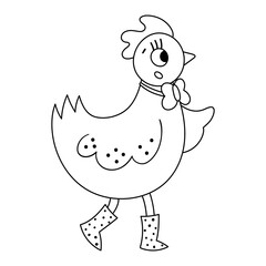 Vector black and white funny hen icon. Outline farm bird in boots with egg isolated on white background. Spring or Easter illustration. Cute domestic animal illustration or coloring page.