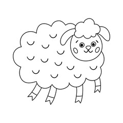 Vector black and white sheep icon. Outline cute smiling farm animal isolated on white background. Adorable ewe illustration for kids. Funny spring character or coloring page..