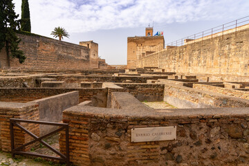 view of the Alcazaba fortress and the Barrio Castrense in the Alhambra palace compelx in Granada