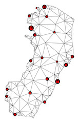 Polygonal mesh lockdown map of Espirito Santo State. Abstract mesh lines and locks form map of Espirito Santo State. Vector wire frame 2D polygonal line network in black color with red locks.