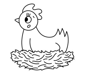 Vector black and white funny hen in nest icon isolated on white background. Outline spring, Easter or farm funny animal illustration or coloring page. Cute domestic bird hatching or laying eggs.