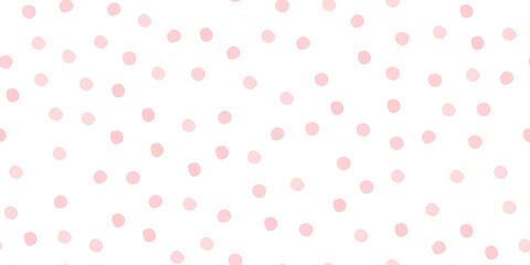 Random drawn dots seamless pattern. Pink circles in a chaotic vector pattern. Polka dots soft colors seamless pattern. Pink spots on a white background for fabric, textile, wrapping - obrazy, fototapety, plakaty