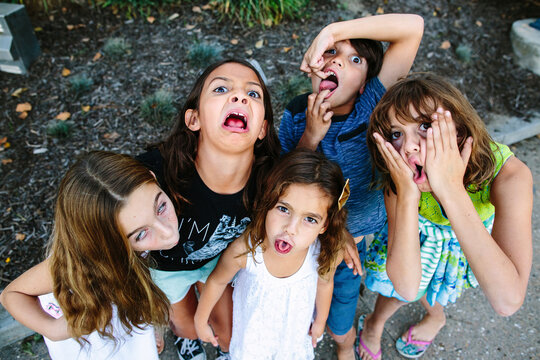 High angle portrait of siblings making faces while standing at park