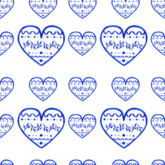 Cute blue hearts with ornament. Watercolor seamless pattern. Hand-drawn illustration for design of fabric, boxes, notebooks