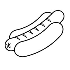 Hot dog icon. Bun with fried sausage, isolated on white background. Vector contour fast food sign in line art style. Fast food logo. Hotdog template. Vector illustration. Street food icon