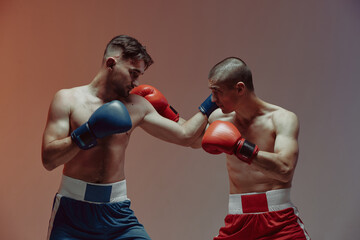 Fototapeta na wymiar Boxers combat of two fighting males in boxing gloves in red studio light, martial arts, mixed fight concept
