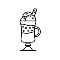 Three ice cream balls in tall glass with straw, isolated on white background. Simple ice cream icon. Flat vector illustration in line art style