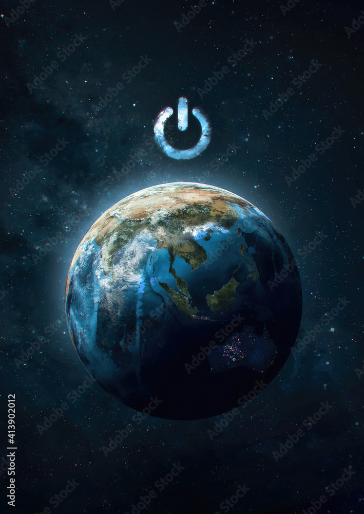 Aufkleber planet earth sphere and electric power button. earth hour and day event. ecology and environment. el