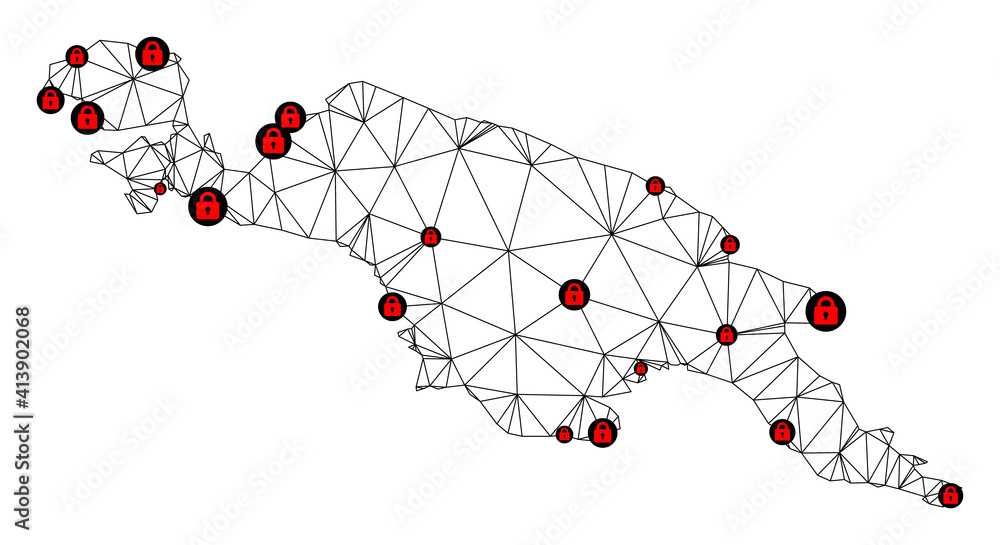 Poster polygonal mesh lockdown map of new guinea island. abstract mesh lines and locks form map of new guin