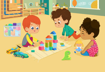 Children sit in circle and play with toys in the kindergarten classroom, play with wooden toy blocks, cars, doll and laugh. Learning through entertainment concept. Vector illustration for flyer