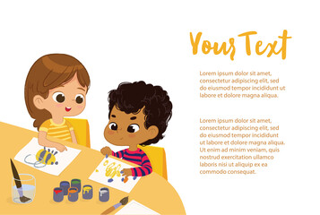 Poster with the olays for the text for art class. Boy and Girl Draw Pictures with paints and pencils. Children drawing in the art class
