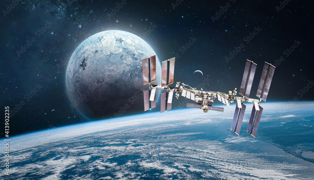 Leinwandbilder International space station on orbit of the Earth planet. View from outer space. Solar system. Spaceship with planets. Elements of this image furnished by NASA
