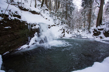 the stream flows in a snowy forest