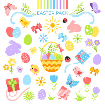 Easter pack. A set of Easter elements. Painted eggs, flowers, cute chickens and rabbits. Vector images isolated on a white background in a cartoon style.