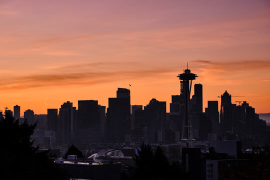 Downtown Seattle during sunrise, Photo 1 of a Panorama