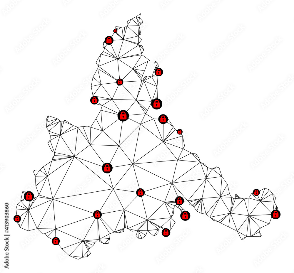 Poster polygonal mesh lockdown map of zaragoza province. abstract mesh lines and locks form map of zaragoza