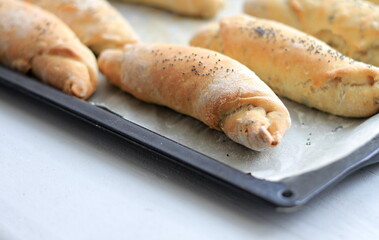 fresh bread sitting on a table stock photo