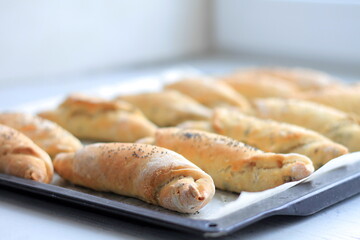fresh bread sitting on a table stock photo