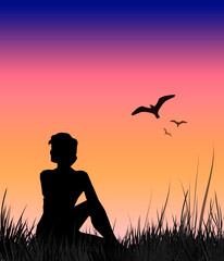 Illustration, silhouette of woman sitting in grass, birds, sunset sky.