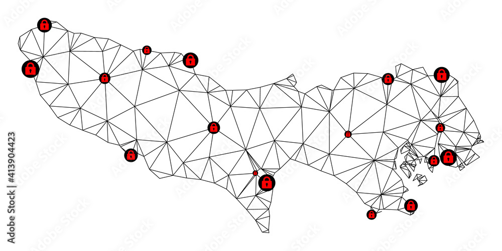 Poster polygonal mesh lockdown map of tokyo prefecture. abstract mesh lines and locks form map of tokyo pre