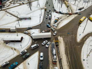 Snowy Kiev. Aerial drone view. Winter snowy morning.