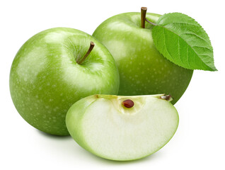 Fresh green apple and cut in slice with leaf isolated