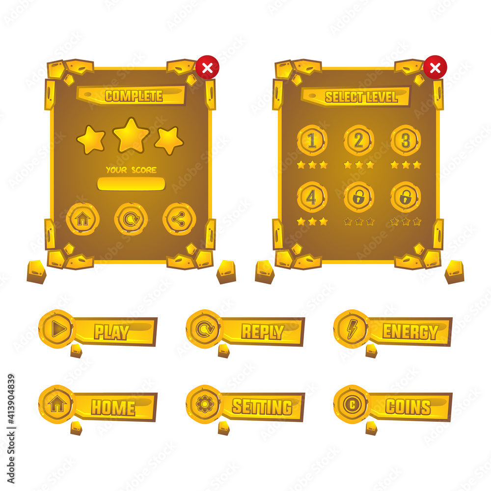 Poster gold stone game asset set interface design vector