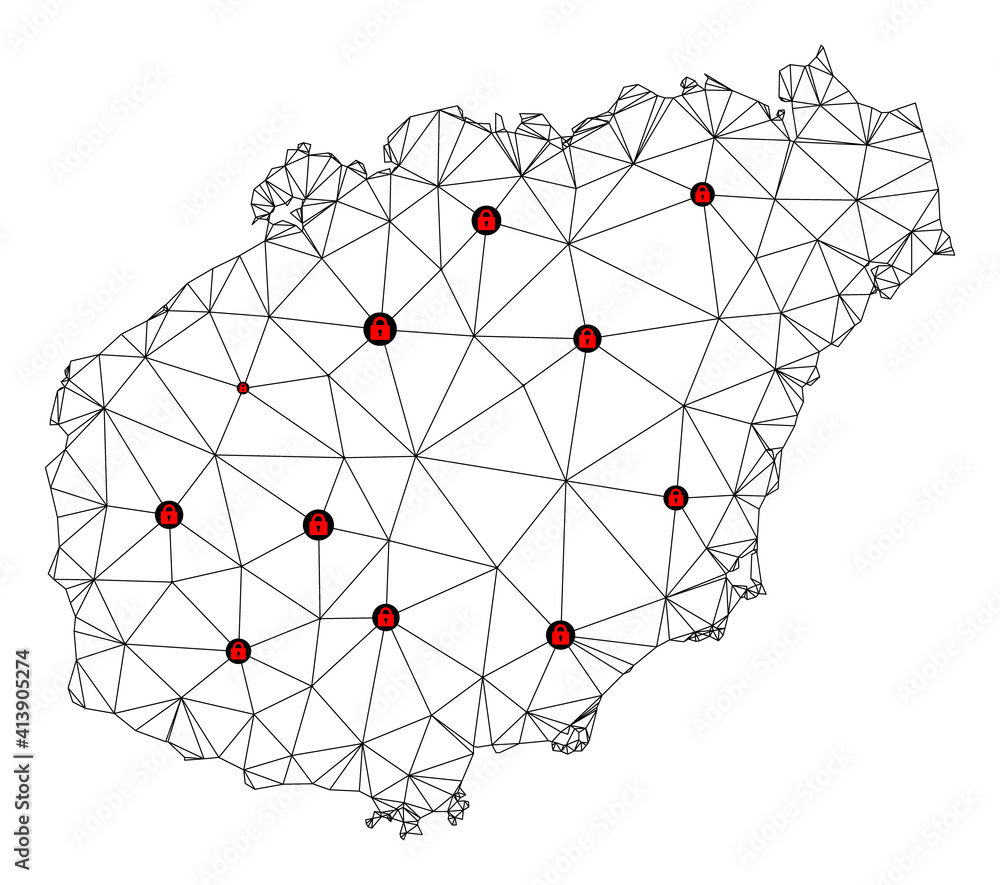 Poster polygonal mesh lockdown map of hainan island. abstract mesh lines and locks form map of hainan islan