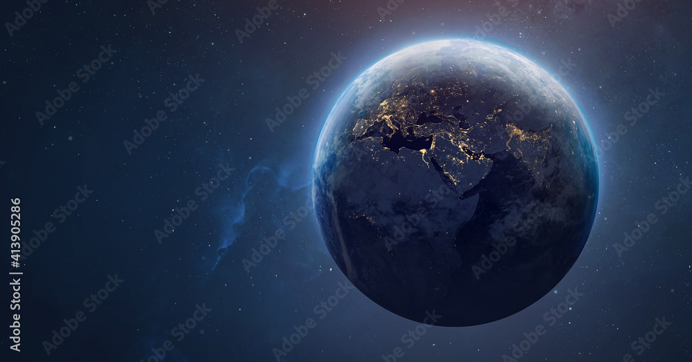 Aufkleber sphere of nightly earth planet in outer space. city lights on planet. life of people. solar system e