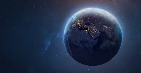Sphere of nightly Earth planet in outer space. City lights on planet. Life of people. Solar system...