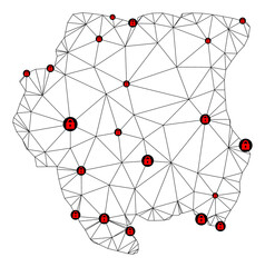 Polygonal mesh lockdown map of Suriname. Abstract mesh lines and locks form map of Suriname. Vector wire frame 2D polygonal line network in black color with red locks.