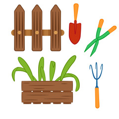 A set of pictures on the theme of gardening. Spring gardening set: tools, a box of flowers and a fence. Can be used in design to create postcards, banners, advertisements, as well as infographics 